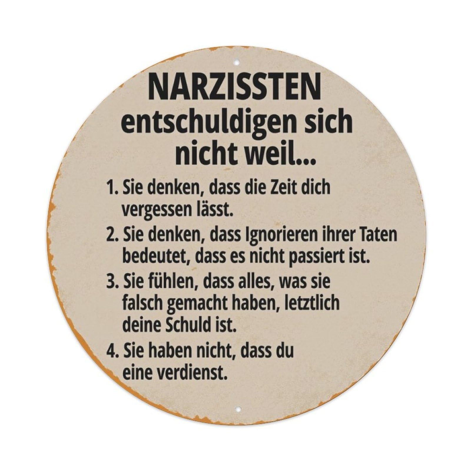 German Narcissism Warning Quote Round Decor Sign Vintage Aluminium Metal Sign, Retro Wall Decor for Home, Bar, Garage & Farmhouse 20x20cm