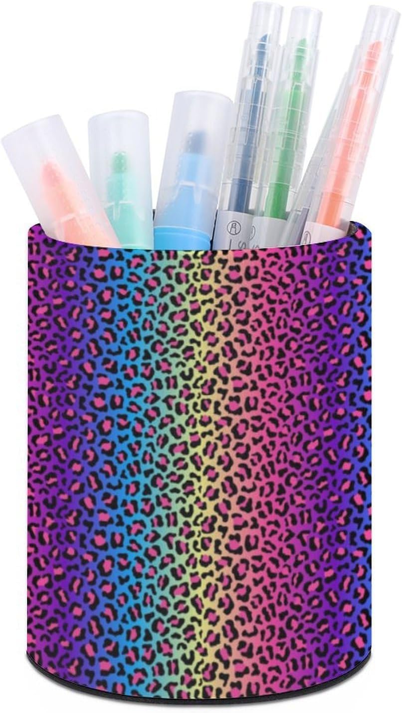 Office Pen Holder for Desk Aesthetic - Leather Decorative Small Leopard Neon Rainbow Print Pencil Holder for Classroom, Pen Organizer Pencil Cups for Desk Accessories for Women Men