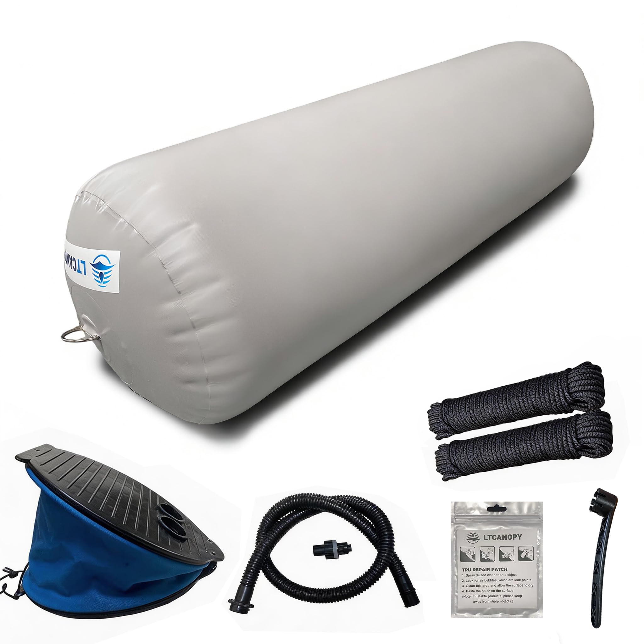 LTCANOPY Heavy Duty Inflatable Boat Fender, 16"x40" Boat Bumper for Docking, Yachts, Sailing Docks, PVC Gray Fender for Boat Comes with Double Braided Nylon Dock Line, Foot Pump