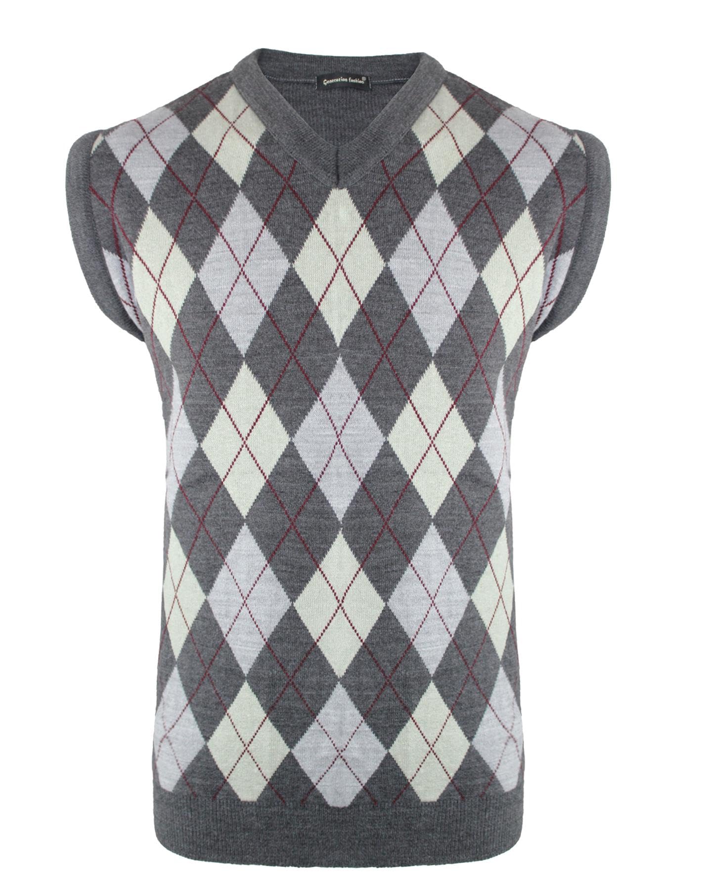 New Men Knitted V-Neck Sleeveless Vest Jumper Top Sweater with Ribbed Edge Argyle Knit S-XL[Charcoal-Mist,