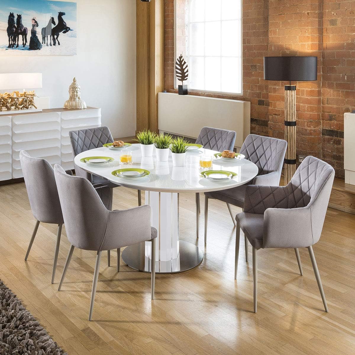 Modern Extending Dining Set Oval/Round Glass Wht Table 6 Ice Chairs