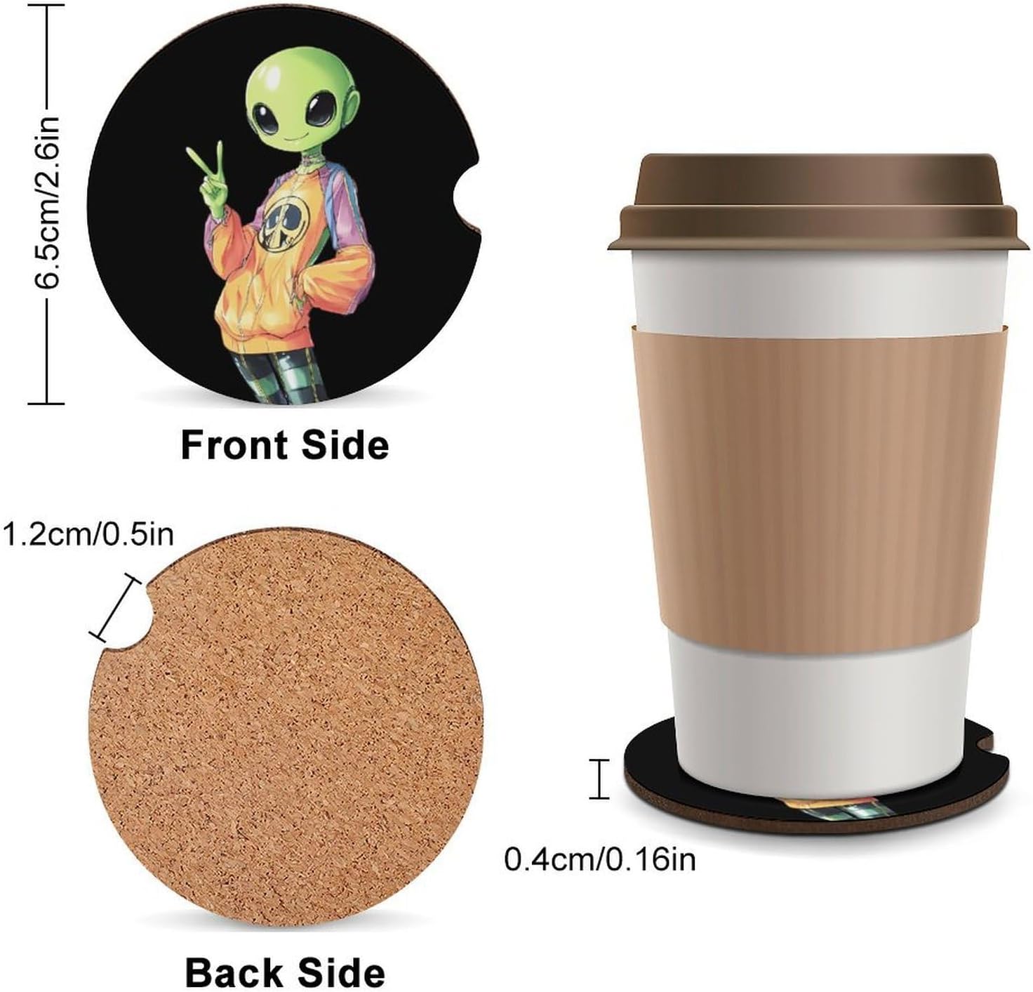 Aliens Peace Sign Cute Car Coasters 2.56 Inch Absorbent Cup Holder for Drinks Auto Interior Accessories