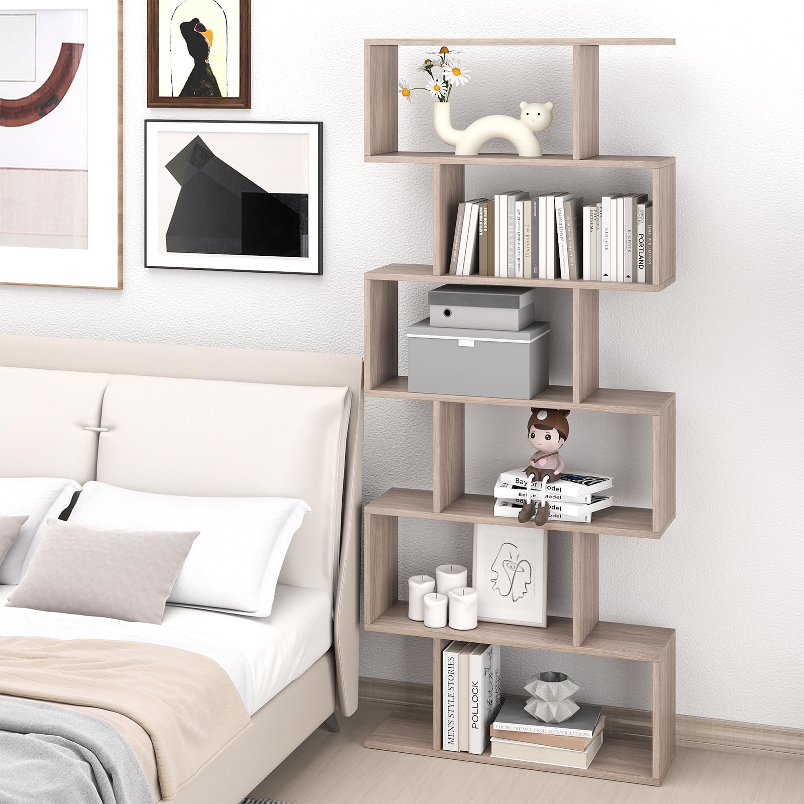 COSTWAY Scaffale a 6 Ripiani, Libreria a Forma di S, Libreria Scaffale da Terra in Legno, Divisorio per Soggiorno, Camera da Letto, Ufficio, 80 x 23 x 192 cm (Quercia)