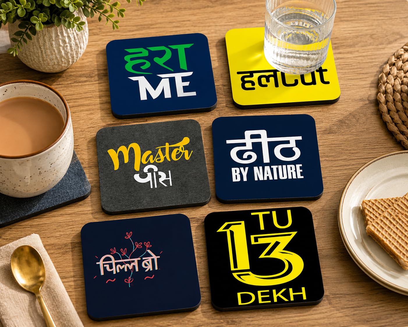 Tajnan Desi Swag Coaster Set – Quirky Hindi Slang & Funky Quotes | Trendy Printed Drink Coasters for Tea, Coffee & Friends Hangout – Set of 6-image-18