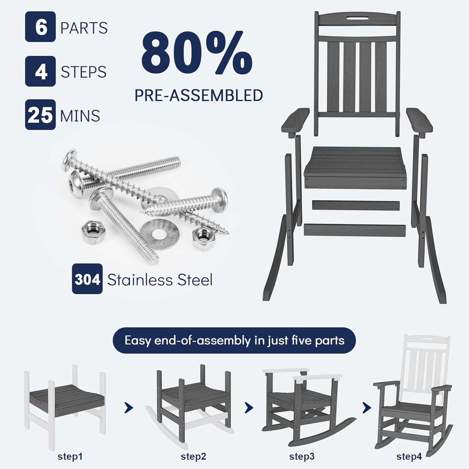 Plawdlik Oversized Rocking Chair,HDPE All-Weather Outdoor Rocking Chair,Patio Rocking Chairs for Porch.Grey