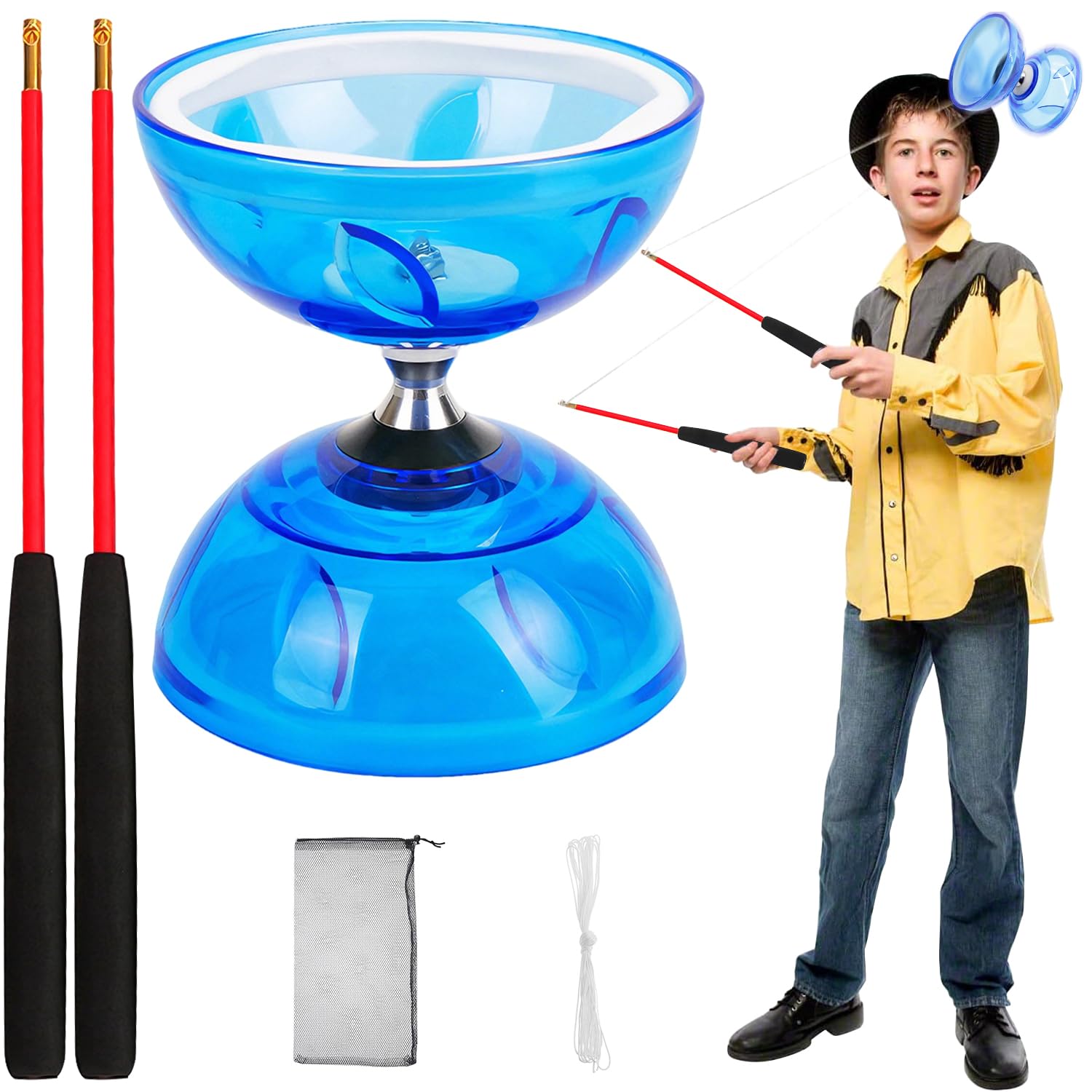 Diábolo con rodamientos de Bolas, 12cm de diámetro, diábolo Profesional, Juguete de malabarismo, Apto para Adultos y Principiantes (Azul)