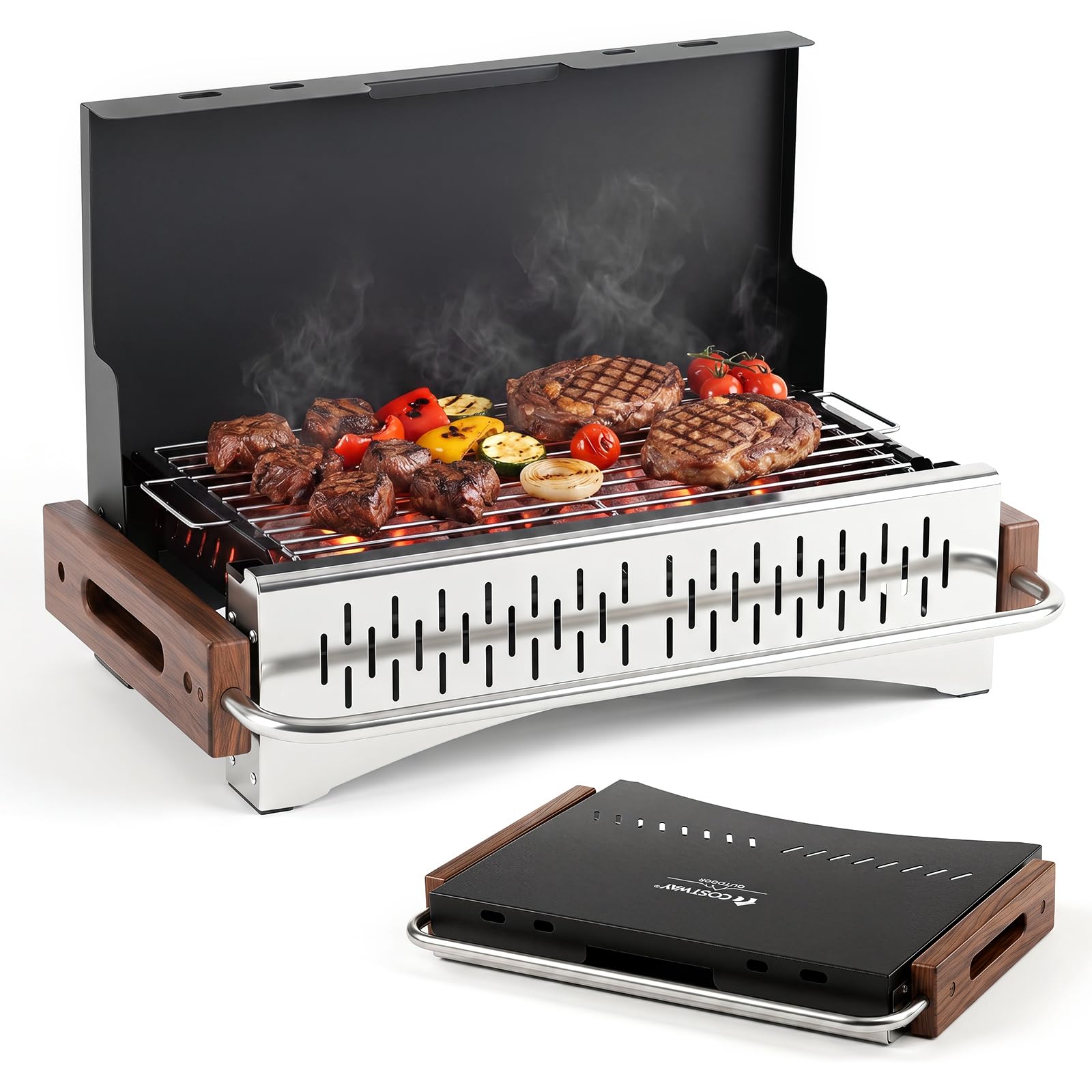 COSTWAY Barbecue a Carbonella Portatile, Barbecue Carbone da Tavolo con Griglia Regolabile in Altezza e Vaschetta in Smalto Rimovibile, Griglia a Carbone per Campeggio e Picnic (50,5 x 33,5 x 33,5 cm)
