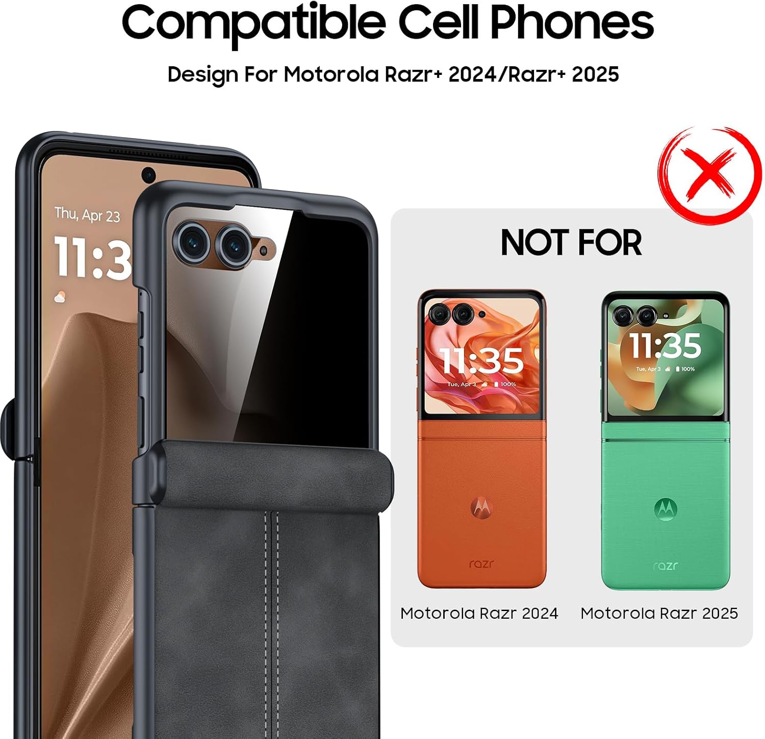 for Motorola Razr+ Plus 2026 Case, Razr+ Plus 2025/2024 Case, Built-in Privacy Screen Protector & Hinge Protection & Ultra Thin Leather PC Shockproof Case for Moto Razr+ 2026/2025/2024 (Black) image 2