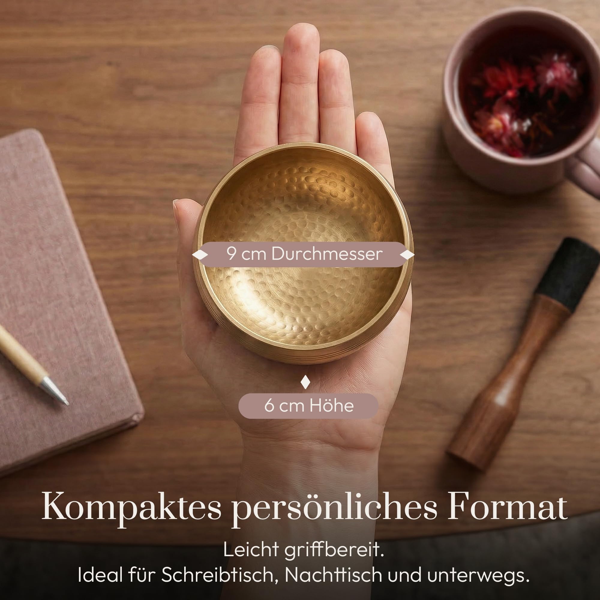 Silent Mind Klangschale Ø9 cm Bronze – Handgefertigtes Komplett-Set mit Kissen und Klöppel, für Anfänger geeignet, klarer stabiler Klang, ideal für Meditation und Achtsamkeit