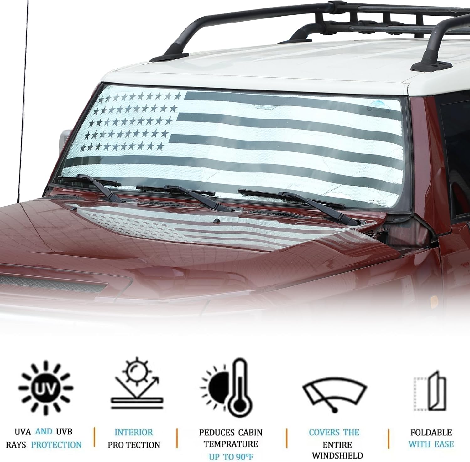 Windshield Sunshade Compatible with Toyota FJ Cruiser 2007-2021, Foldable UV Ray Reflector Auto Window Sun Shade, Keeps Your Vehicle Cool (Flag Style)