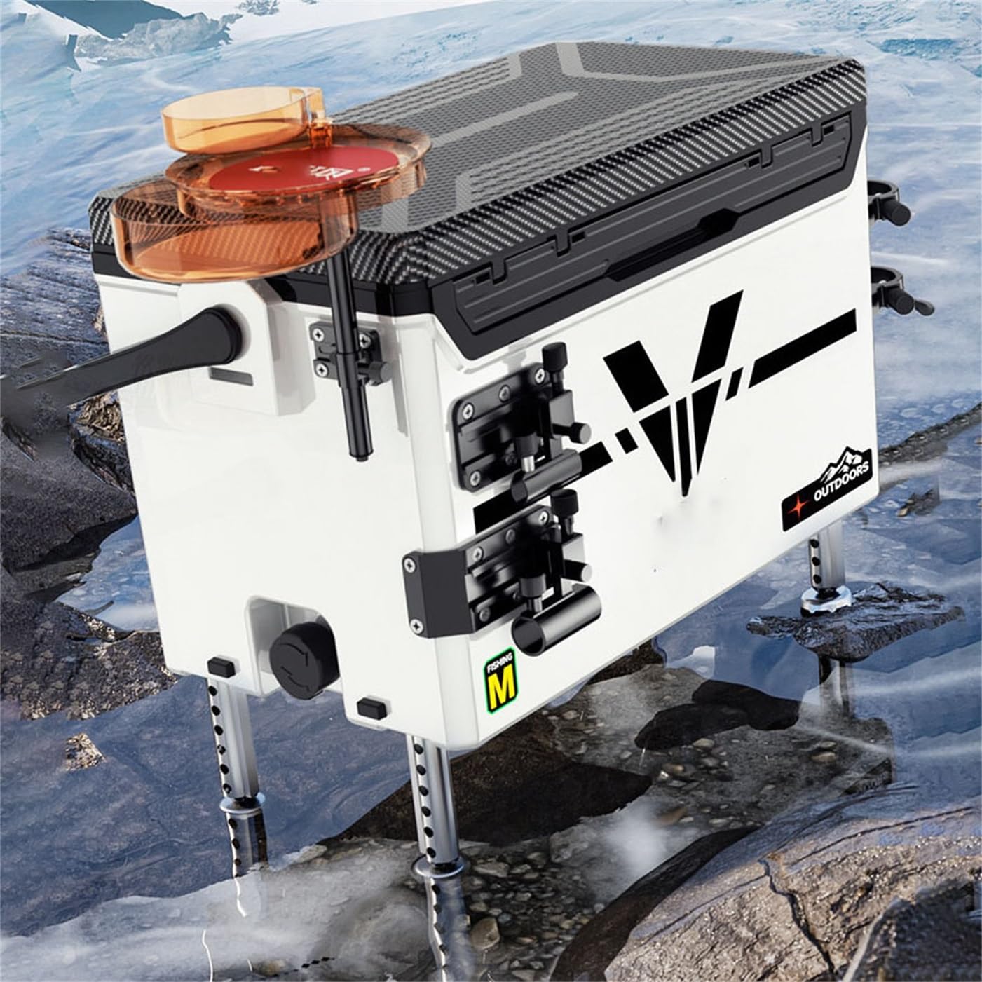 Scatola da pesca portatile 29L sedile contenitore attrezzi pesca | Coperchio fibra carbonio 4 gambe regolabili accessori completi pesca acqua dolce e salata