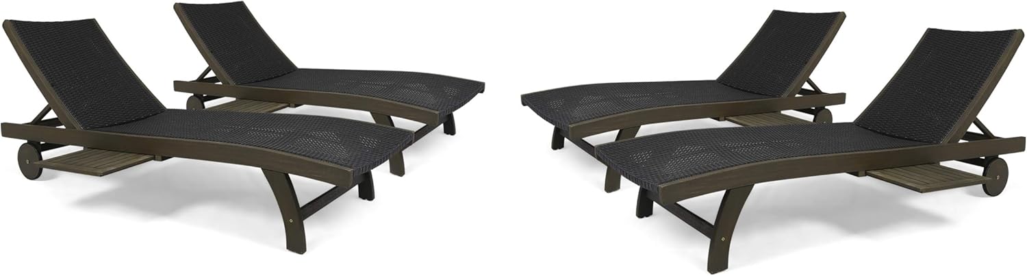 GDFStudio Outdoor Wicker and Wood Chaise Lounge with Pull-Out Tray, Set of 4, Gray