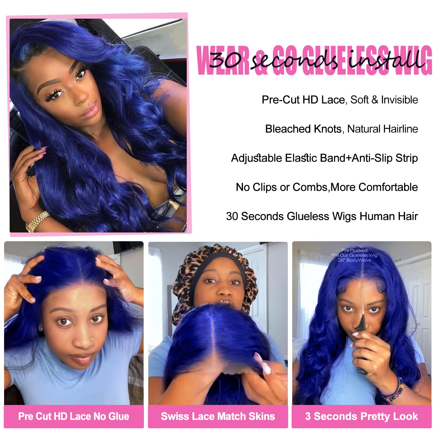 Wear and Go Glueless Colored Lace Front Wigs Human Hair Pre Cut 200% Density Blue Body Wave Lace Closure Wigs Human Hair with Pre Plucked 9x6 HD Transparent Lace Dark Blue Wigs for Women 18 Inch