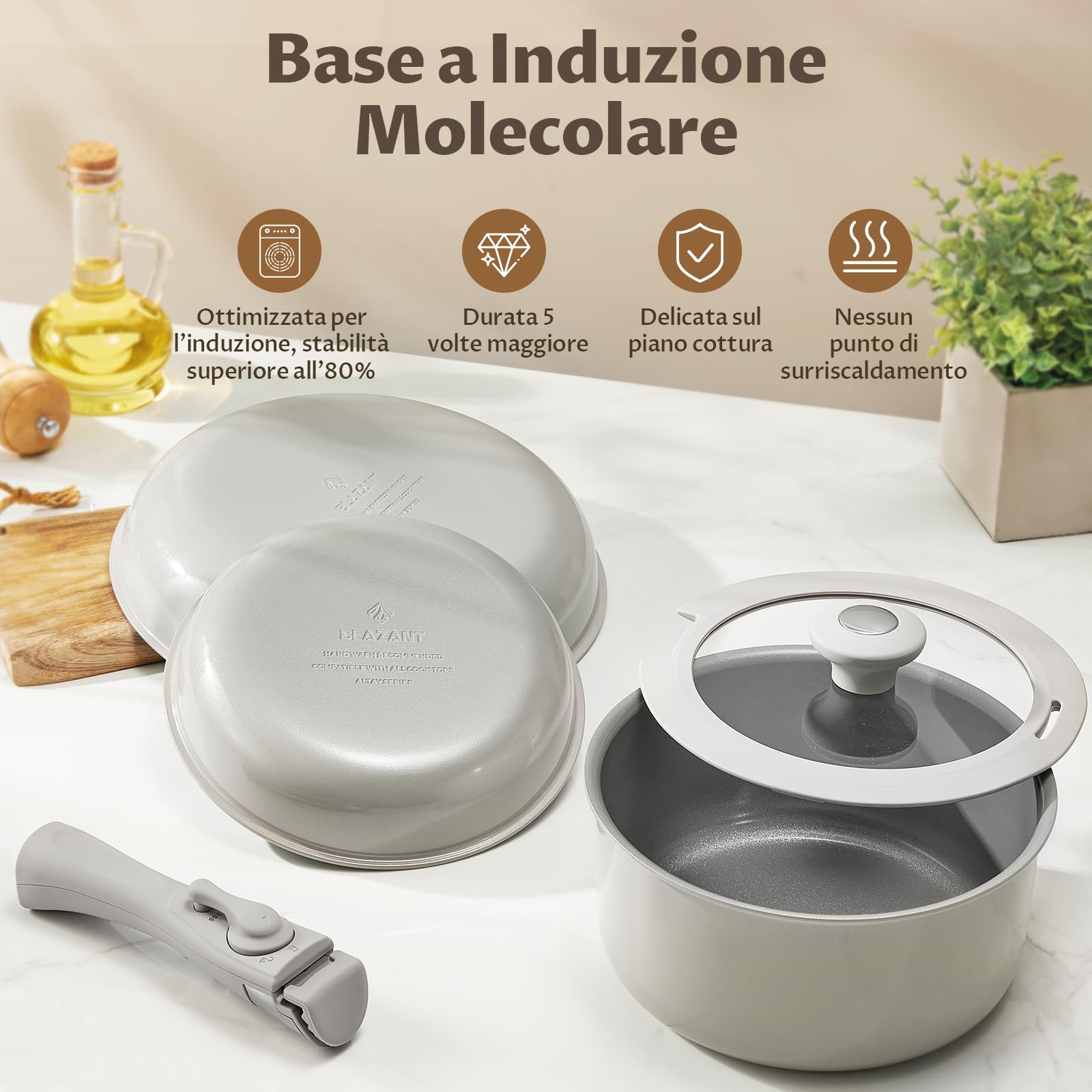 BLAZANT Set di 7 Pentole e Padelle, Padelle Antiaderenti in Ceramica | Riscaldamento uniforme, Manici Rimovibili per Campeggio, Salvaspazio, Non Tossiche, Senza PTFE, Senza PFOA