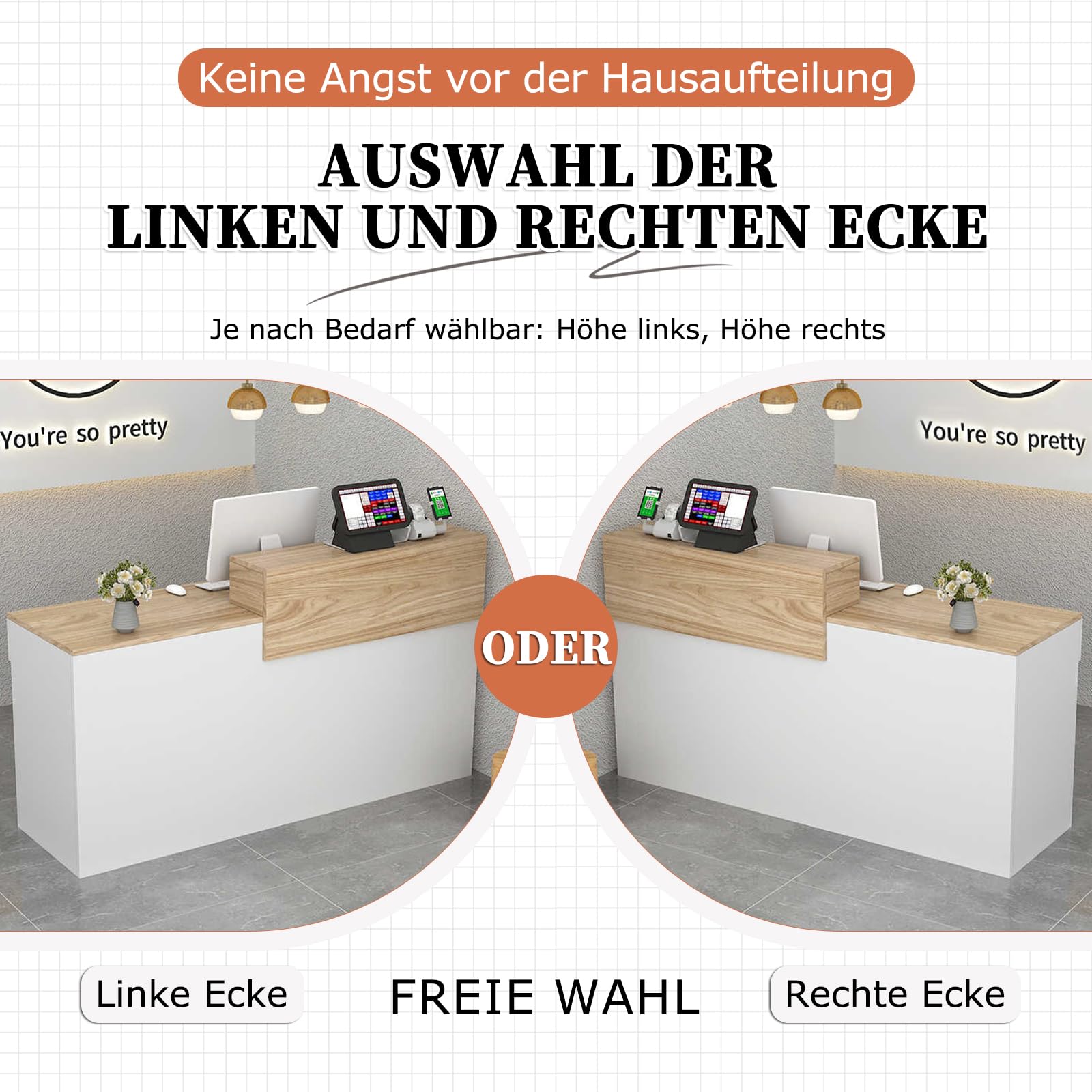 Empfangstheke modern mit Schublade und offenen Regalen, 100–240 cm, für Büro, Salon, Lobby