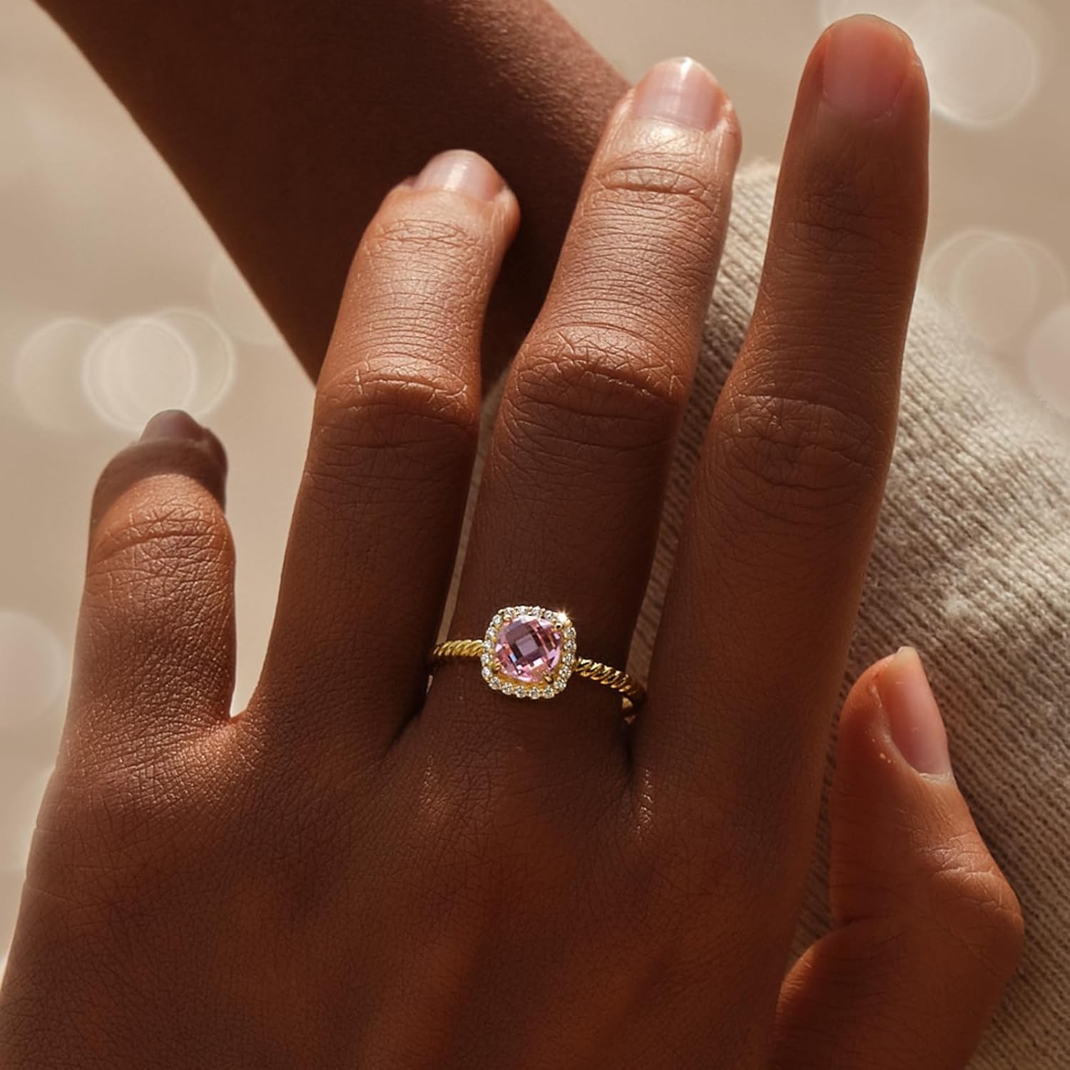 STORYJEWELLERY Pink Stone Ring, Halo Rings, Elongate Cushion Cut Engagement Ring, Cocktail Rings for Women, Gifts for Her - Image 2