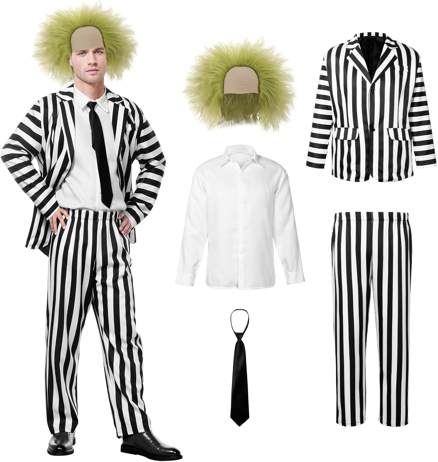 Black White Striped Set, Beatle Juice Cosplay Blazer with Wig Pants Tie, Halloween Costumes for Adults