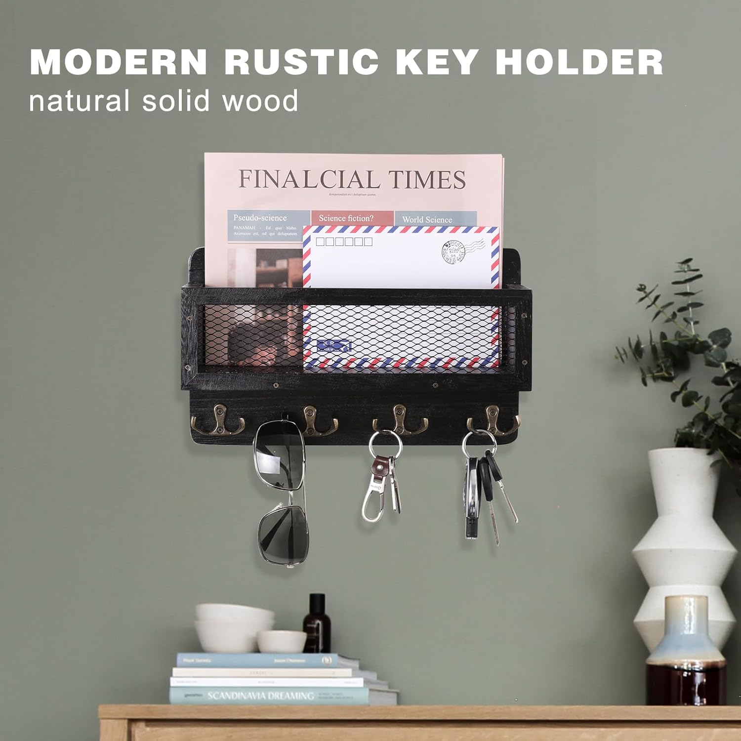 ADIIL Mail and Key Holder for Wall Decorative, Wooden Wall Mount Key Rack Hanger Organizer with 4 Double Key Hooks, Rustic Home Decor for Entryway Hallway, Black