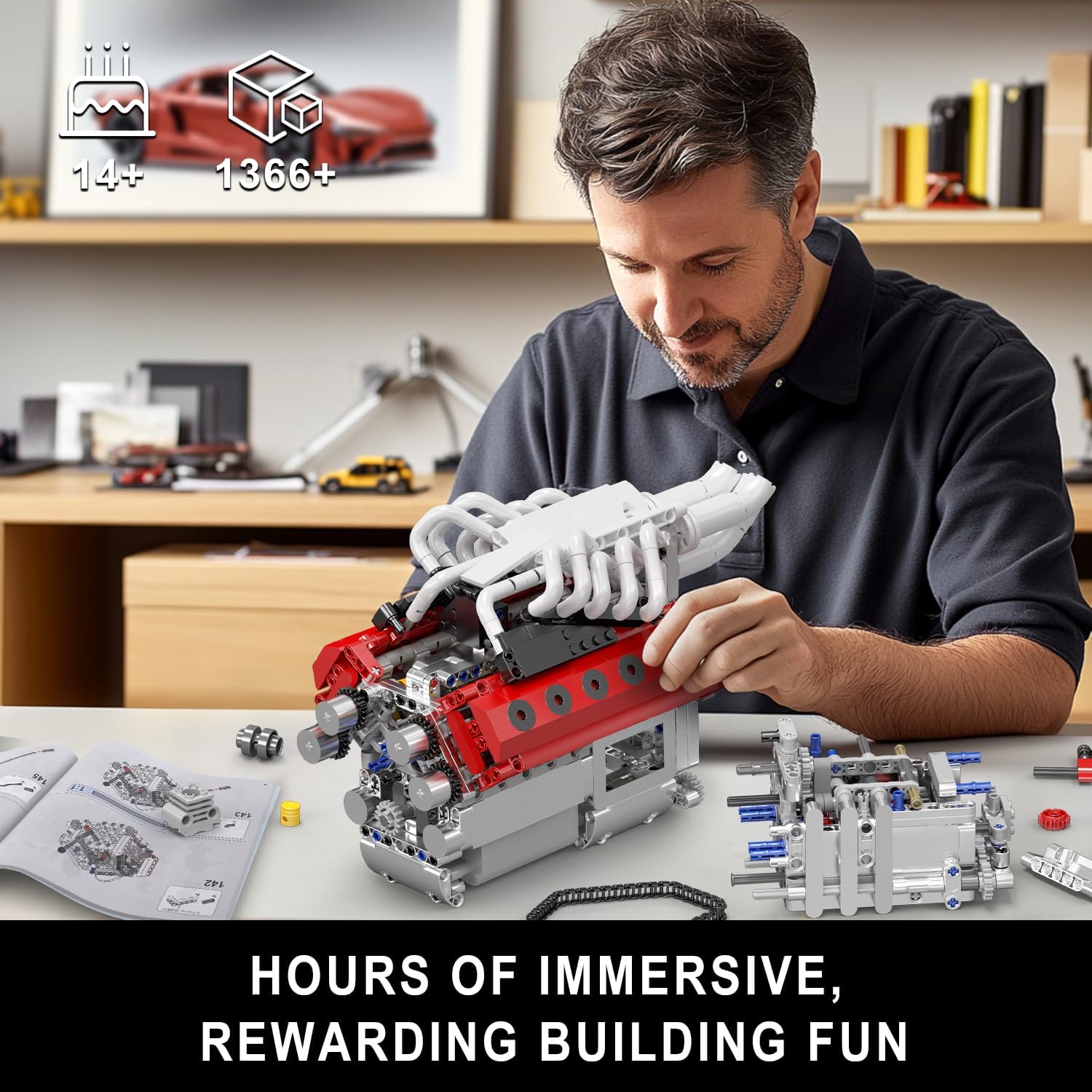 A person engaged in building the Mould King V12 Engine Model Kit.