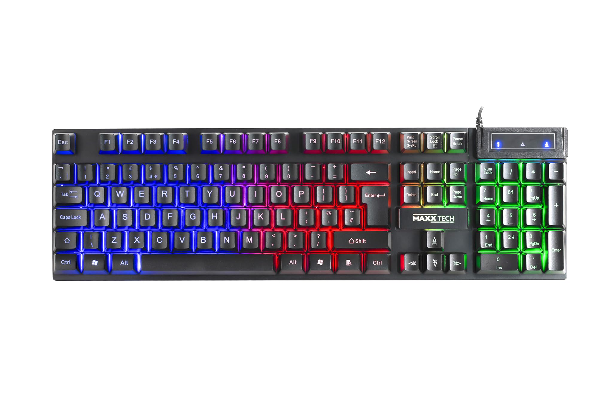 Maxx Tech Juego combinado 4 en 1: teclado con iluminación LED arcoíris, ratón óptico, auriculares estéreo multiplataforma para juegos con conector jack de 3,5 mm, USB/ratón, alfombrilla de 250 x 210 x