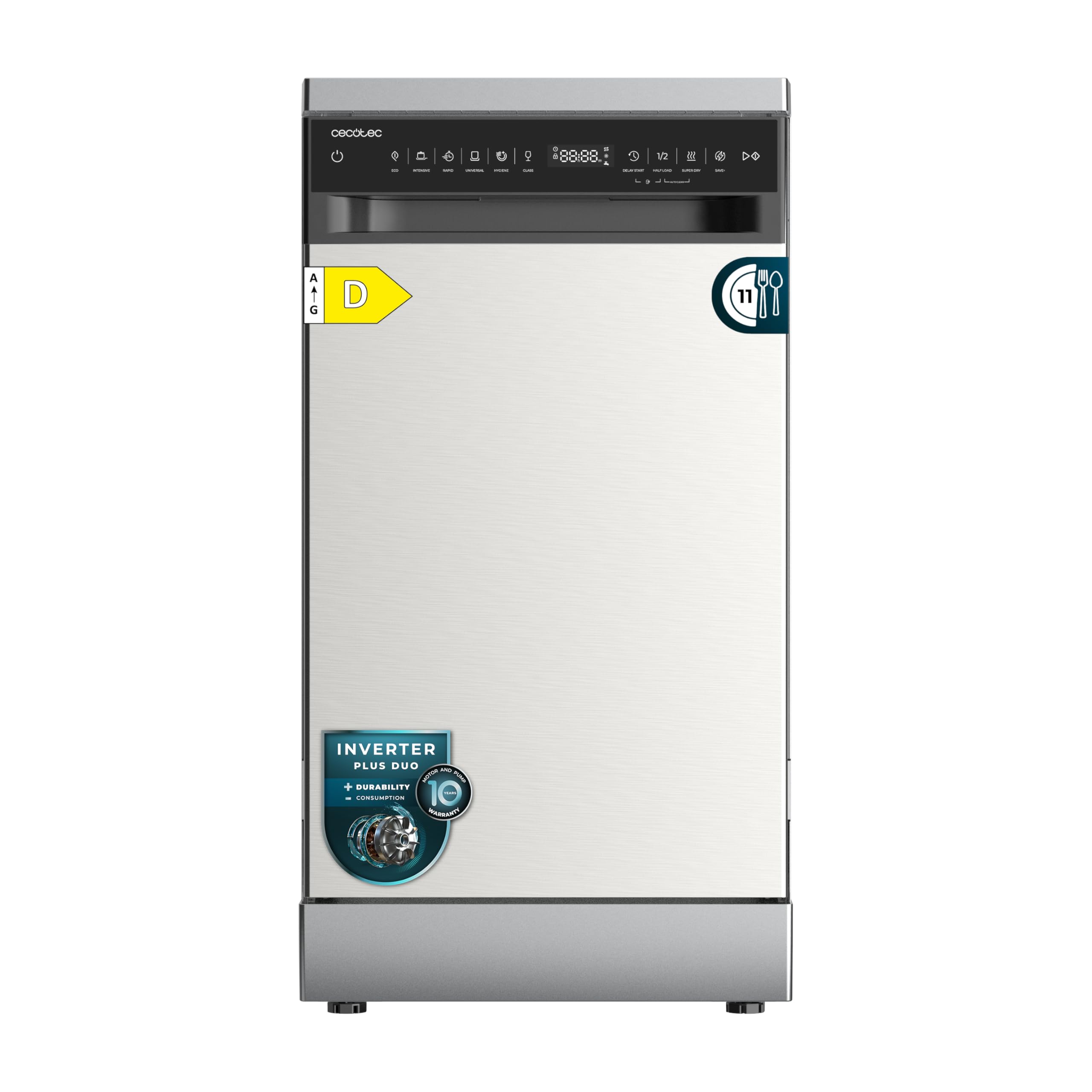 Cecotec Lavavajillas 45 cm Libre Instalación Bolero Aguazero 4360 Inox. 11 Cubiertos, 9 Programas, Motor Inverter Plus Duo, Panel Touch, Super Dry, Save+, AutoClean, Delay Start, Inox