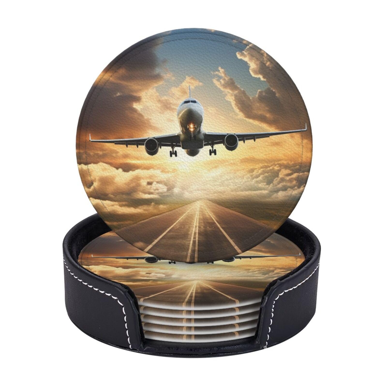 6Pcs PU Leather Coaster for Drinks, Airplane Cup Coasters with Holder, Aesthetic Drink Coasters for Coffee Table, Round Coaster for Tabletop Protection 4" Cup Mat Pad
