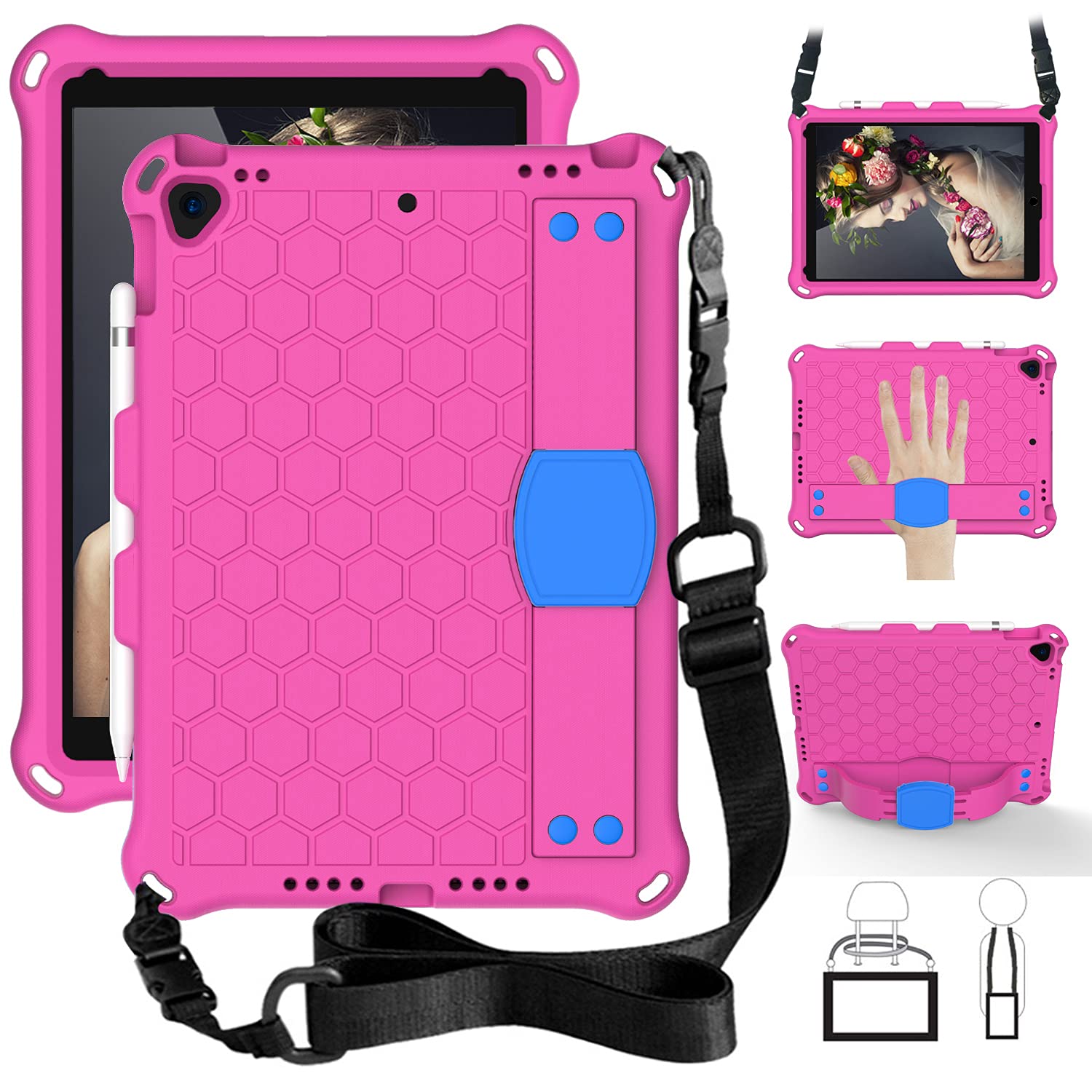 Case for iPad Pro 12.9 Inch 6th/5th/4th/3rd/2nd/1st Gen 2022-2015, Heavy Duty Shockproof Full-Body Protective Cover with Hand Strap & Shoulder Strap, Kickstand, Pencil Holder (Rosered+Blue,Case)