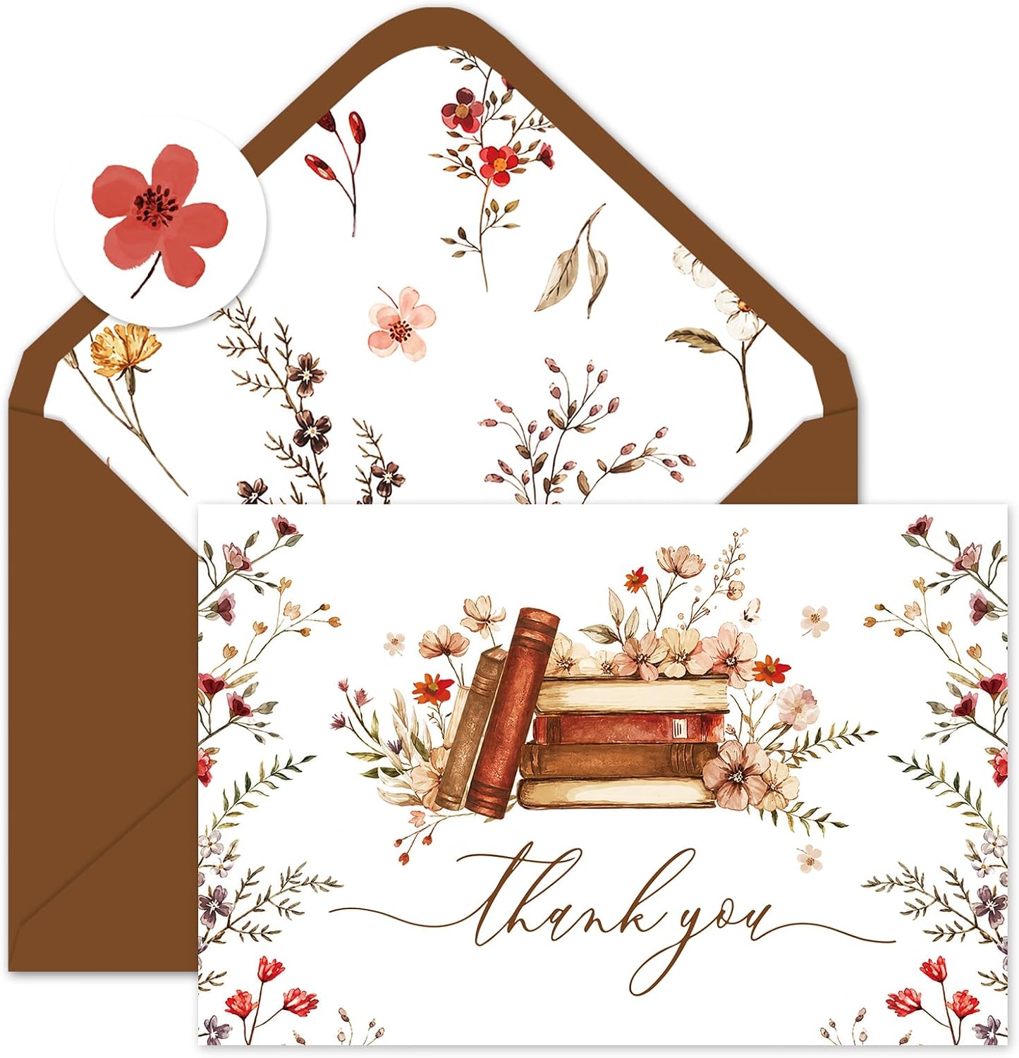 Whaline 24 Pack Storybook Thank You Cards with Envelopes Stickers, Brown | A New Chapter Begins, Blank Note Card, Greeting Card, Wildflower Book, Birthday Baby Shower Bridal Shower Party Supplies