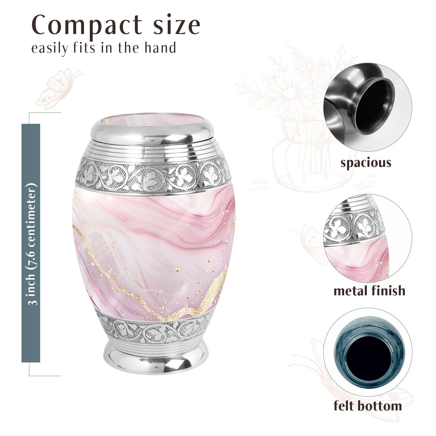 Blush Pink Marble Mini Urns for Women - Tiny Urns for Human Ashes (3inch, 1 Pcs), 3" Keepsake Pack of 1 - Image 2