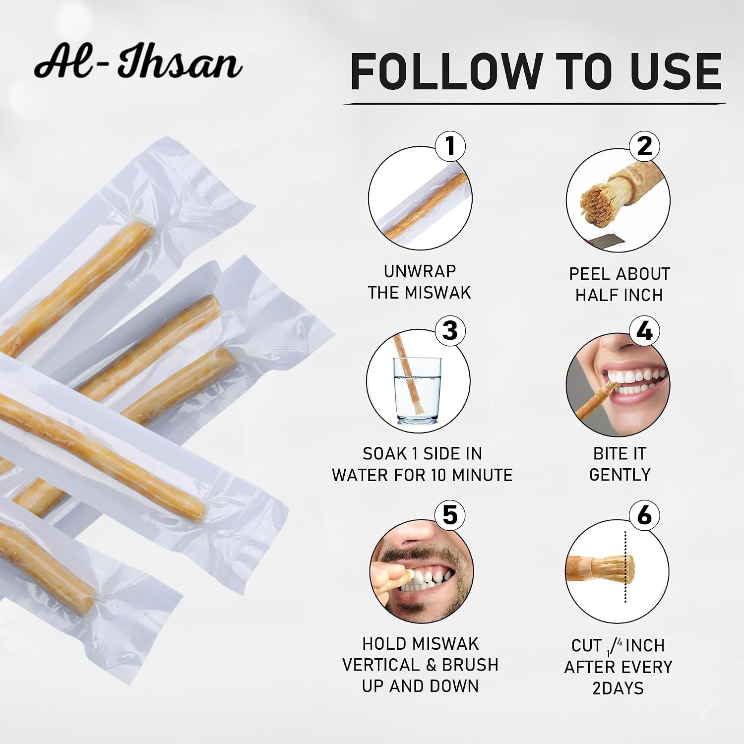AL-IHSAN SEWAK - 5 Pieces Natural Miswak Sticks - Strong Aroma Traditional Toothbrush - Peelu Siwak with Holder, Vacuum-Sealed Miswak for Teeth Cleaning and Fresh Breath - Oral Cleanliness Meswak
