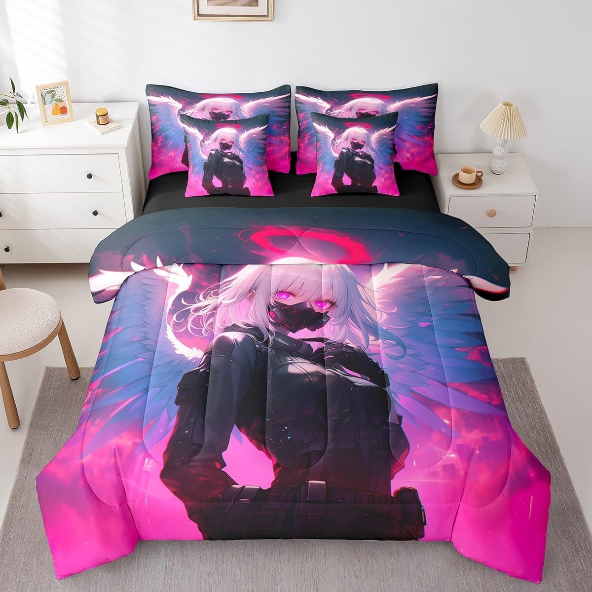 Erosebridal Anime Girl with Wings Bedding Set Queen for Girls Adults, Japanese Virtual Reality Bed in A Bag Cartoon Poster Style Comforter Set with Sheets for Boys Teen Bedroom Decor