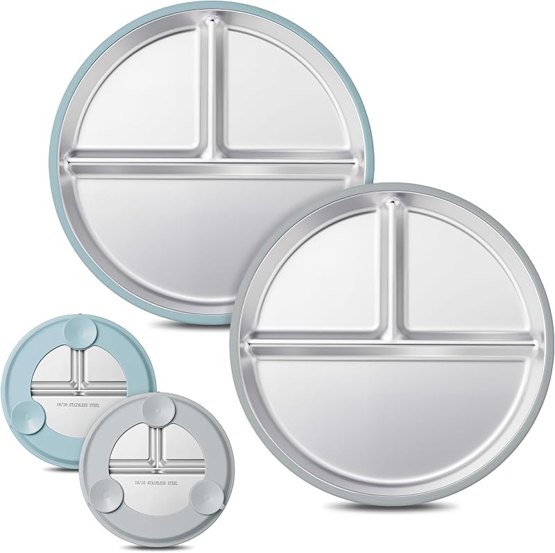 2 Pack Stainless Steel Baby Suction Plates, 9 Inch Divided Toddler Plate