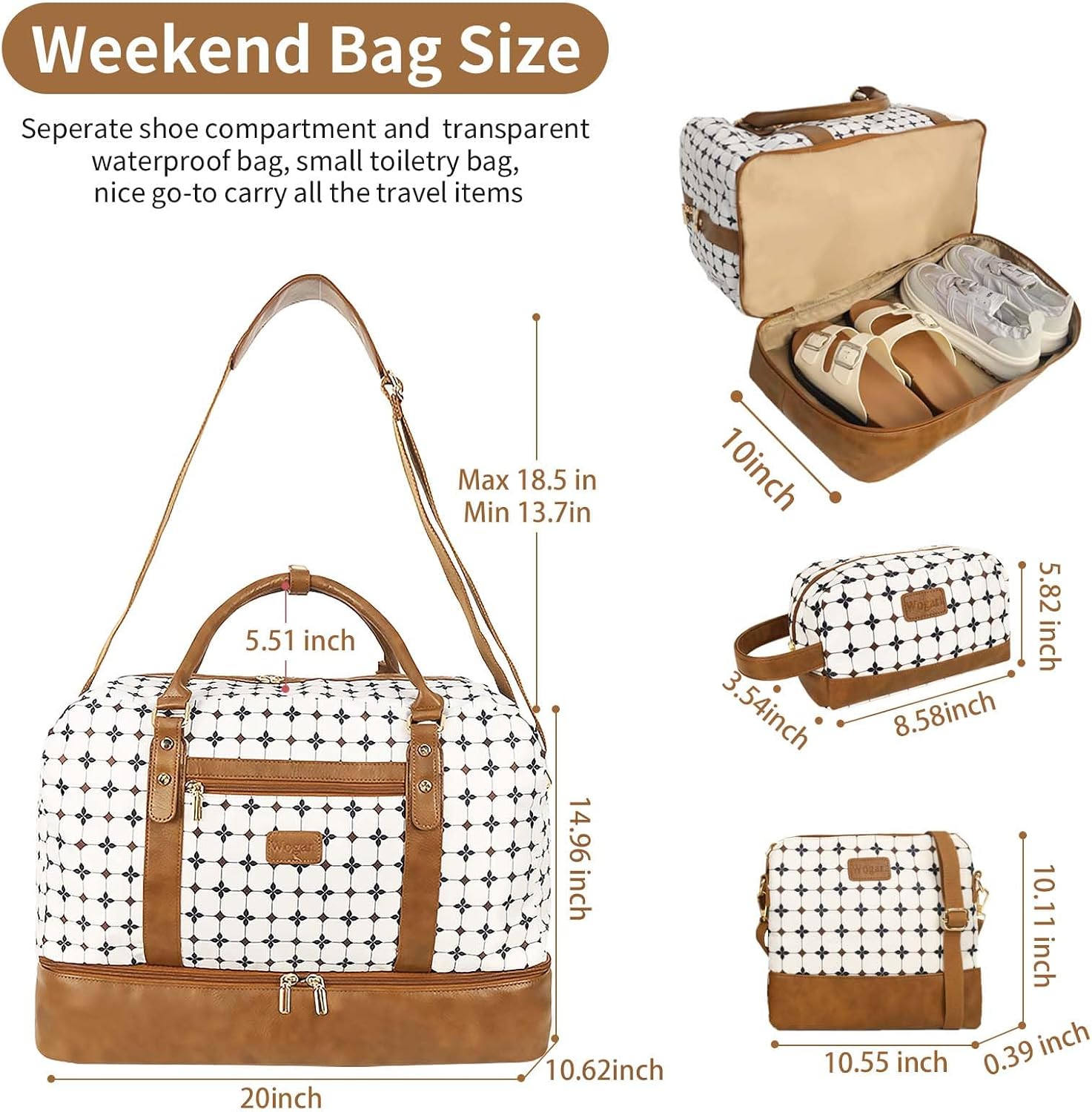 Wogarl 3PCS Weekender Bags for Women Large Overnight Bag Weekend Travel Duffel Bag Carry on Shoulder with Shoe Compartment Canvas Toiletry Bag for Travel Business Gym,Brown Argyle