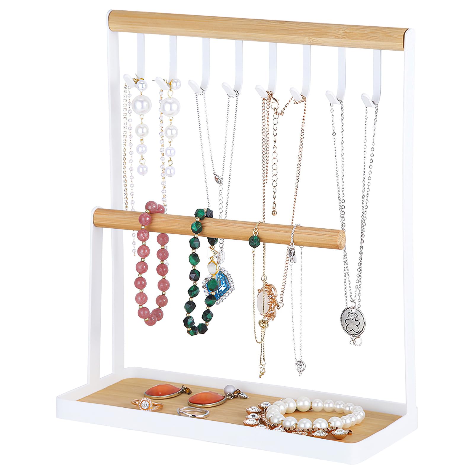YUTUY Sieradenstandaard,sieradenhouder,sieradenboom, kettingstandaard, horlogestandaard,kettinghouder met houten dienblad,4 staven,voor kettingen, oorbellen,Watch Stand