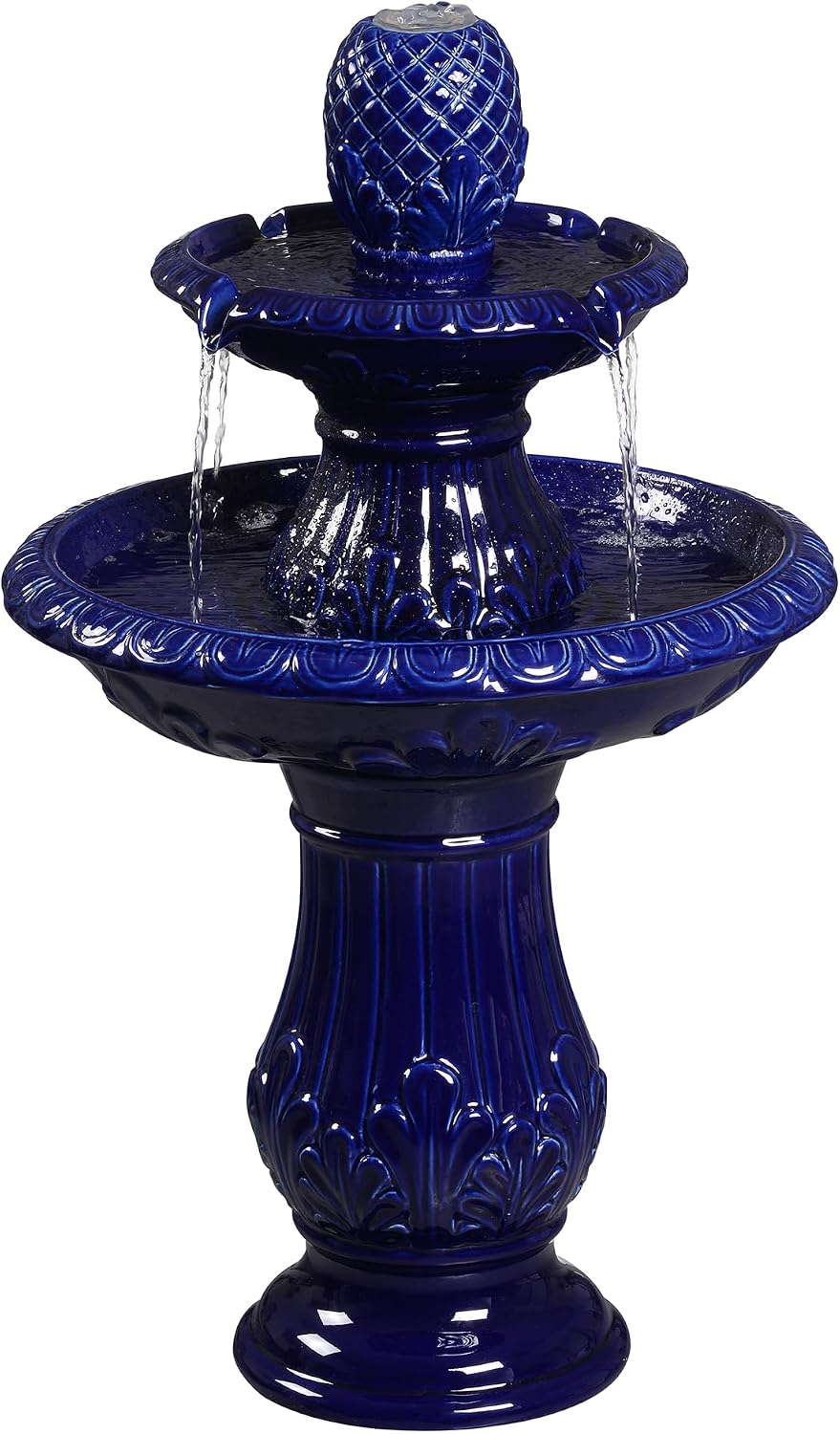 2-Tier Dark Blue Ceramic Pedestal Fountain, Decorative Water Fountain with LED Lights and Quiet Pump, Indoor Outdoor Water Feature for Patio, Garden, Deck, Balcony, Office and Home Décor
