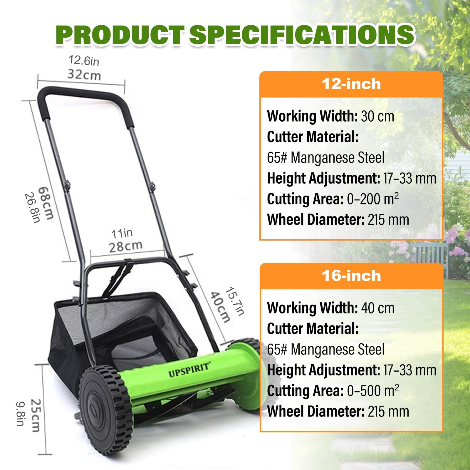 Cortacésped manual con bolsa de recogida de césped, cuchillas de acero al manganeso, altura ajustable de 17 a 33 mm, ideal para jardines pequeños y césped residencial