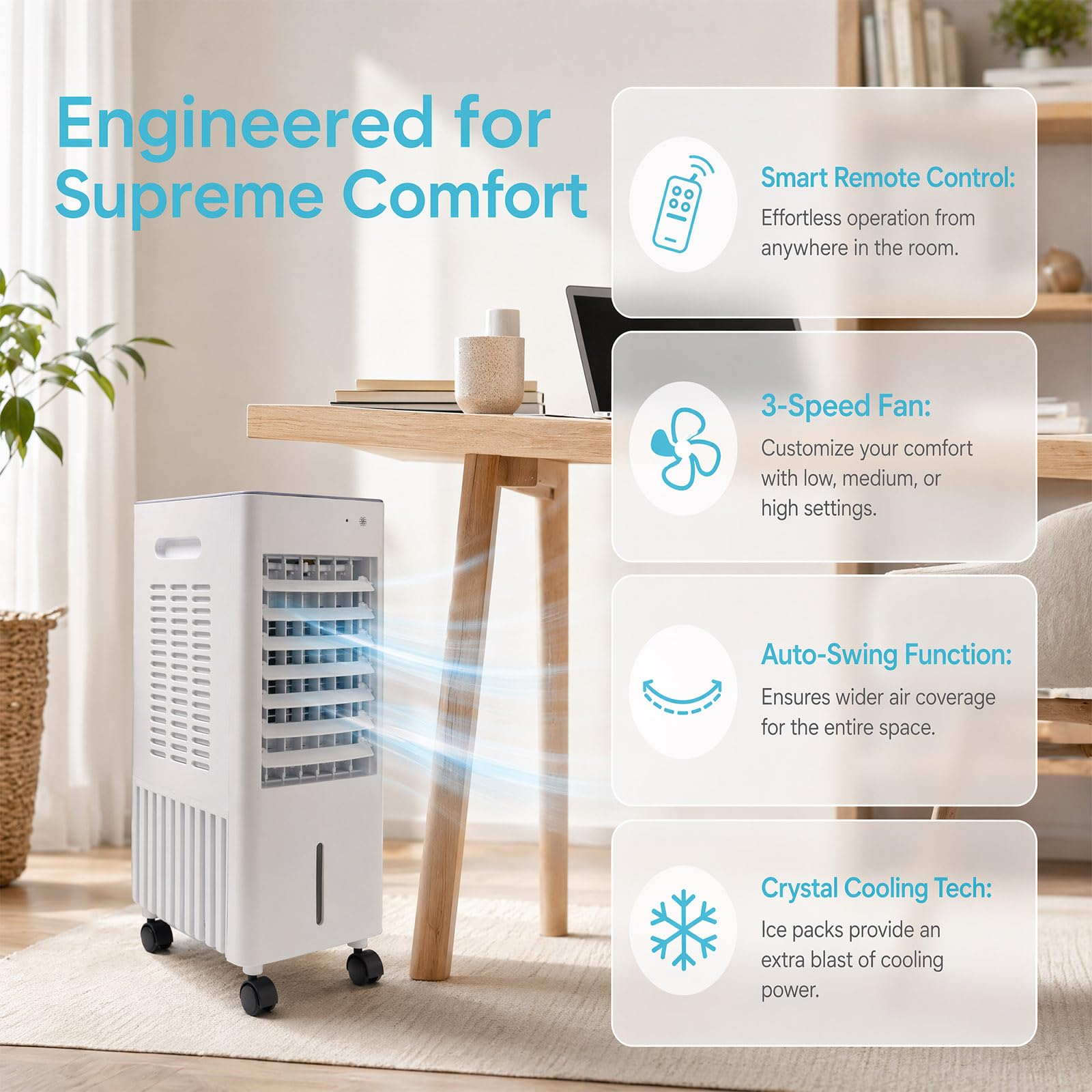 Rafraîchisseur d'air 4-en-1 Mobile sans Tuyau d'évacuation, Réservoir 12L avec 2 Blocs de Glace, Climatiseur Portable, Humidificateur, Purificateur, Télécommande, Minuterie 7.5h