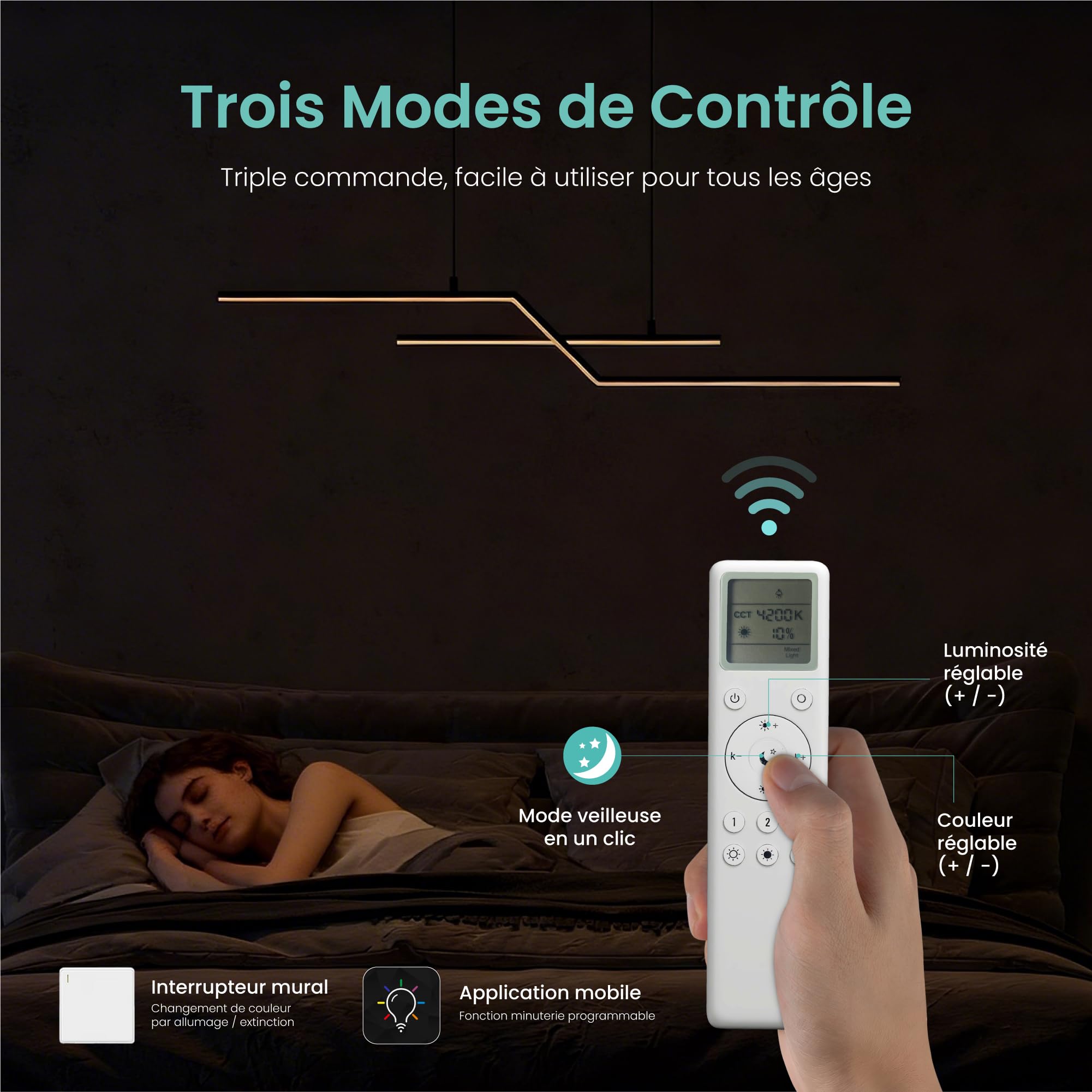 Mai & Mai Lustre 3000/4000/6000K Câble Réglable Lumières Suspension pour Cuisine Chambre Salon Noir 105cm
