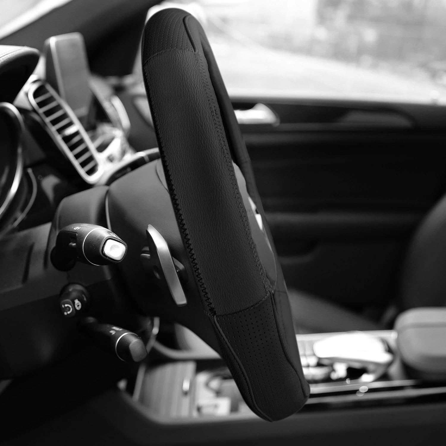 FH Group Universal Fit Sleek and Sporty Genuine Leather Steering Wheel Cover fits Most Cars, SUVs Black