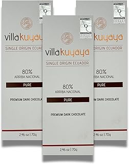 Villakuyaya Premium Dark Chocolate Single Origin 80% Pure (Silver Award Winner at the 2020 Academy of Chocolate Awards, London) – Gourmet Ecuadorian Cacao, Vegan & Gluten-Free (Pack of 3)