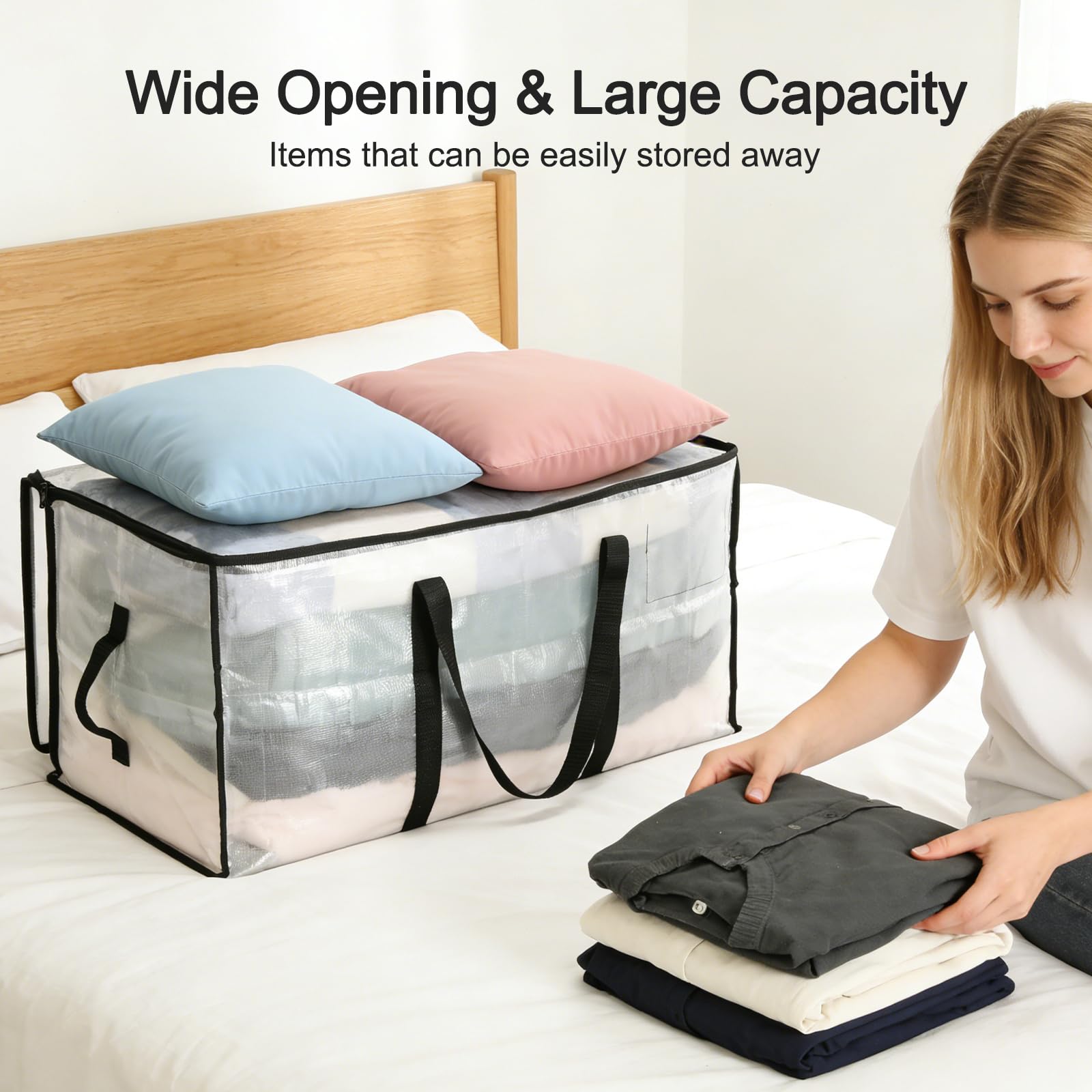 VINATO 4 Borse di Stoccaggio per Coperte, Grandi Borse per Trasloco Trasparenti con Maniglie, Resistenti all'Umidità e alla Polvere - Scatola per Vestiti, Casa, Organizzazione