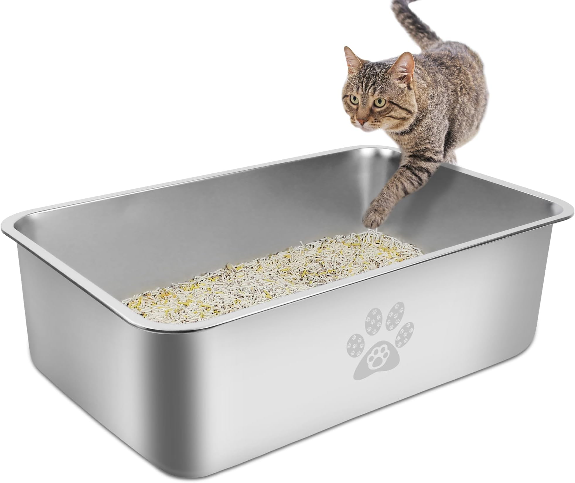 Stainless Steel Cat Litter Box High Side Cats Toilet Metal Kitten Litter Pan, Pet Cleaning Tool for Big and Small Cats, Rabbits, Splash-Proof and Non-Stick Cat Poop Box odorless 23.6"x15.7"x5.9"