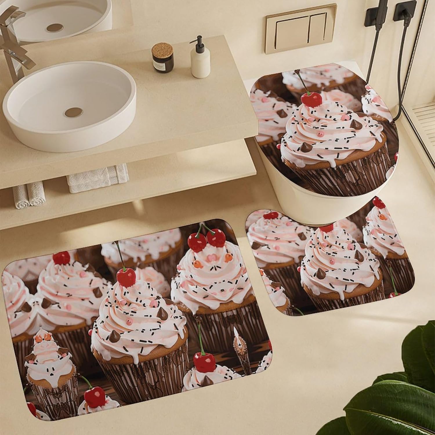 Anti-Skid Floor Mats 3 Piece Set,Cupcake and Muffin Printed Coral Fleece Bathroom Mats U-Shaped Contour Mat Toilet Seat Cover for Bathroom, Tub, Shower, Kitchen 19.7"x31.5"