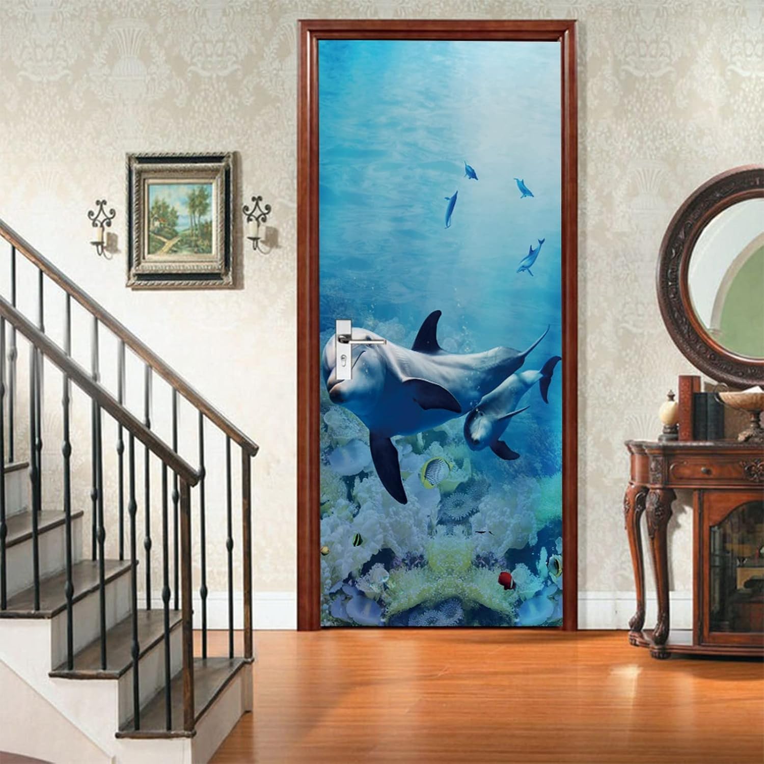 A.Monamour 3D Door Stickers for Interior Doors Dolphin Corals Fish in Blue Sea Underwater World Vinyl Waterproof Self Adhesive Door Mural Decals for Bedroom Office Bathroom 85 x 200 cm