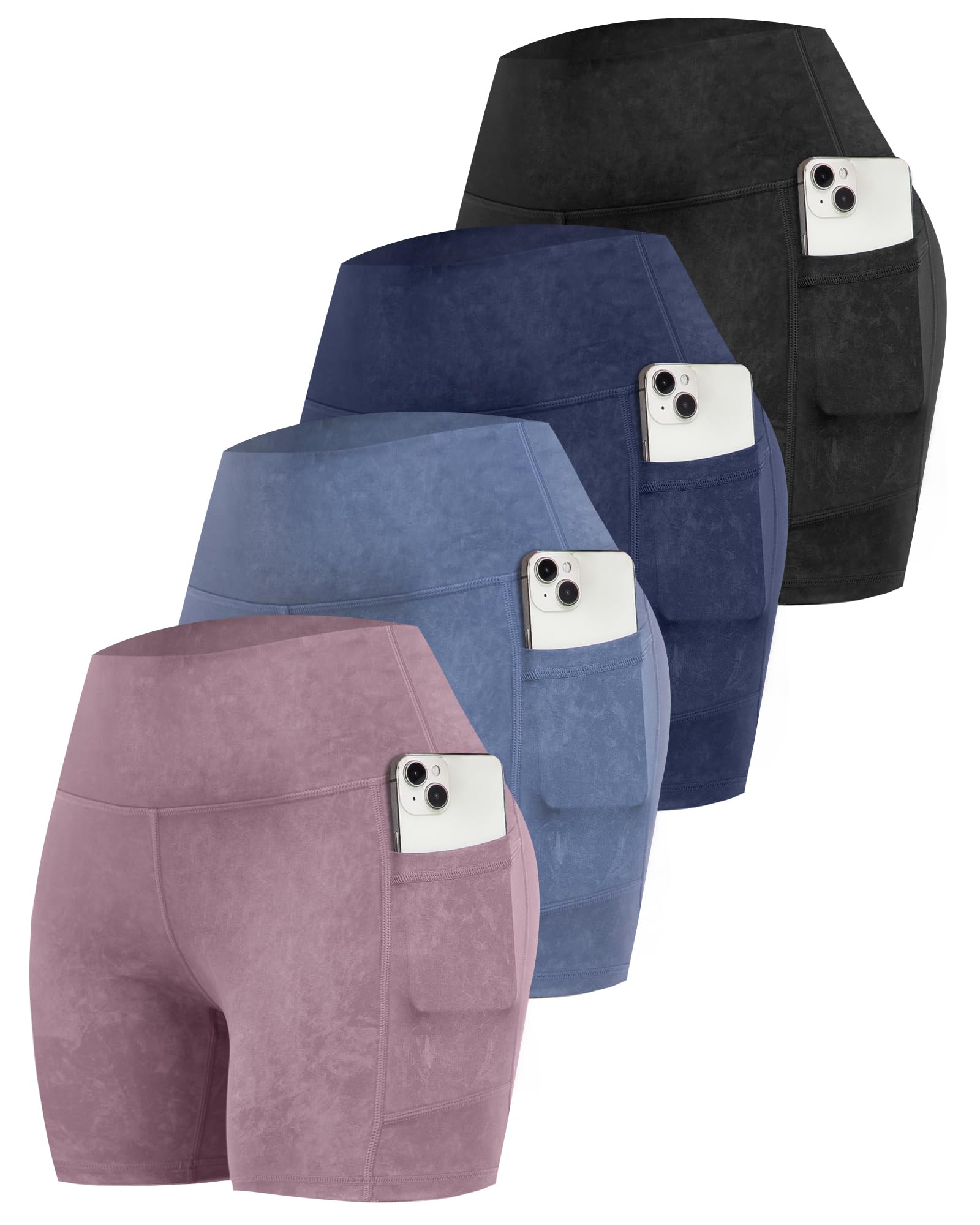 CHRLEISURE Womens Biker Yoga Shorts with Pockets: High Waisted Tummy Control Spandex Workout Athletic Gym Shorts 4 Packs