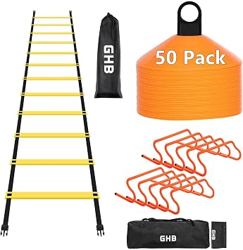 GHB Agility Ladder 1PCS Agility Cones 50PCS Detachable Agility Hurdles 10PCS
