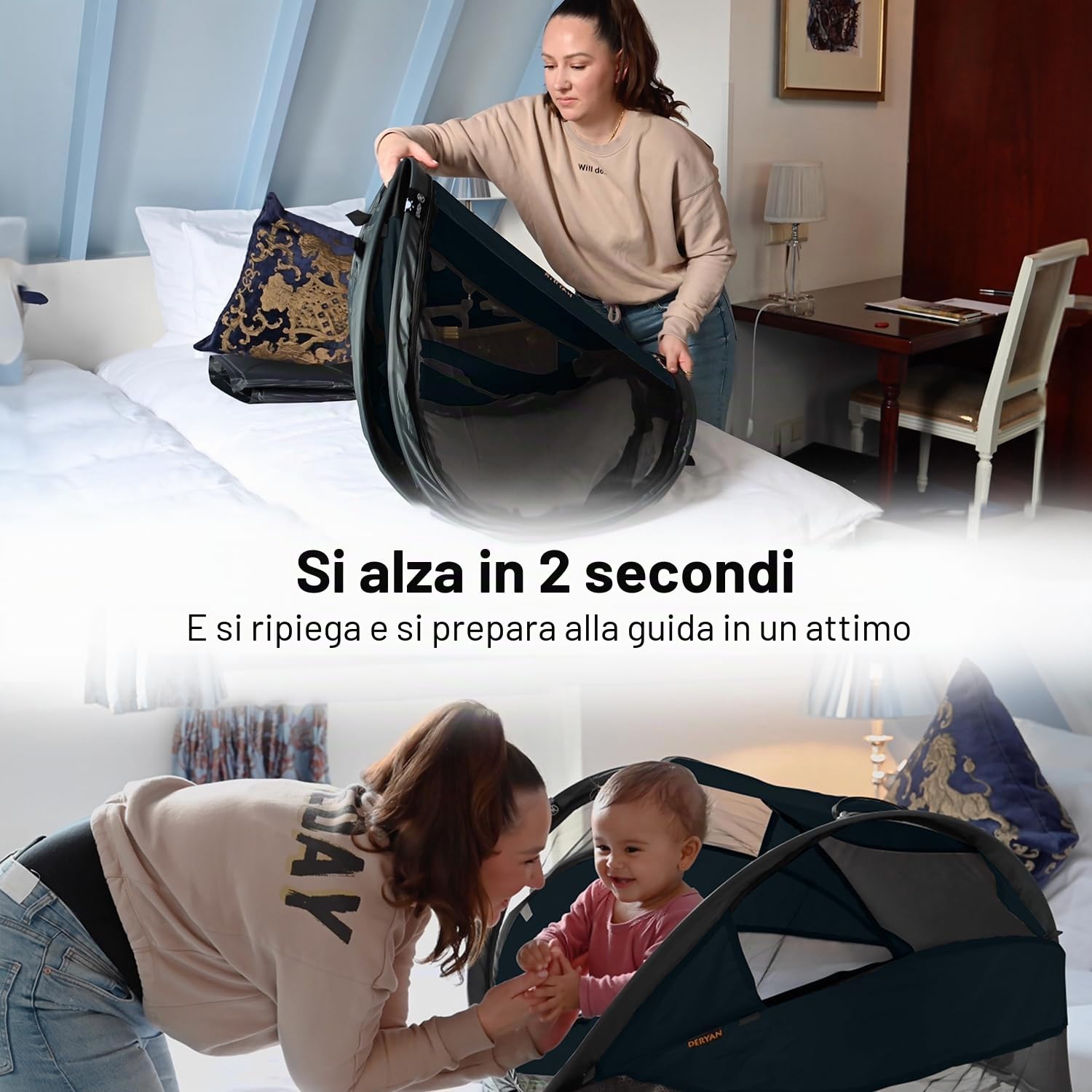 DERYAN Lettino da viaggio - Baby Luxe - Nero - Sistema pop-up - Installazione in soli 2 secondi - Include fodera in cotone con cerniera, materasso ad aria autogonfiabile e borsa per il trasporto, nero