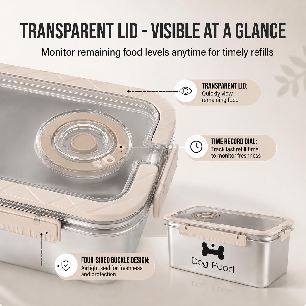 Airtight Dog Food Storage Container 6 QT / 5.8L, Stainless Steel Pet Food Bin with Clear Lid, Portable Dog Kibble Container with Handle and Scoop- Hold 5Lbs - Ideal for Pantry, RV Travel