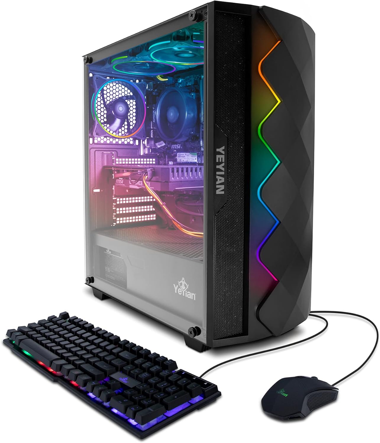 YEYIAN SHOGE R02 Gaming PC Desktop Computer, AMD Ryzen 5 5600G 6-Core 3.9GHz, GeForce RTX 3050 8GB GDDR6, 500GB NVMe SSD, 8GB DDR4 3200MHz, 3 ARGB Fans, Win 10 64-bit, WiFi 5, BT 5, 650W 80+ Gold