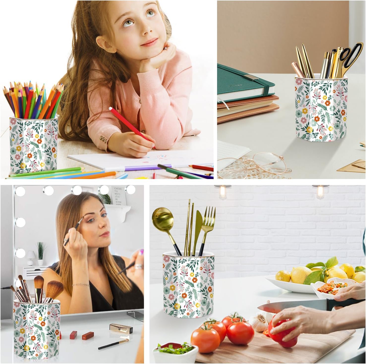 Large Capacity Colored Pen Holder for Desk, Ceramic Pencil Cup Cute Makeup Brush Holder, Desktop Supplies and Accessories, Pen Pencil Caddy for Office Home, Green Floral Pattern image 4